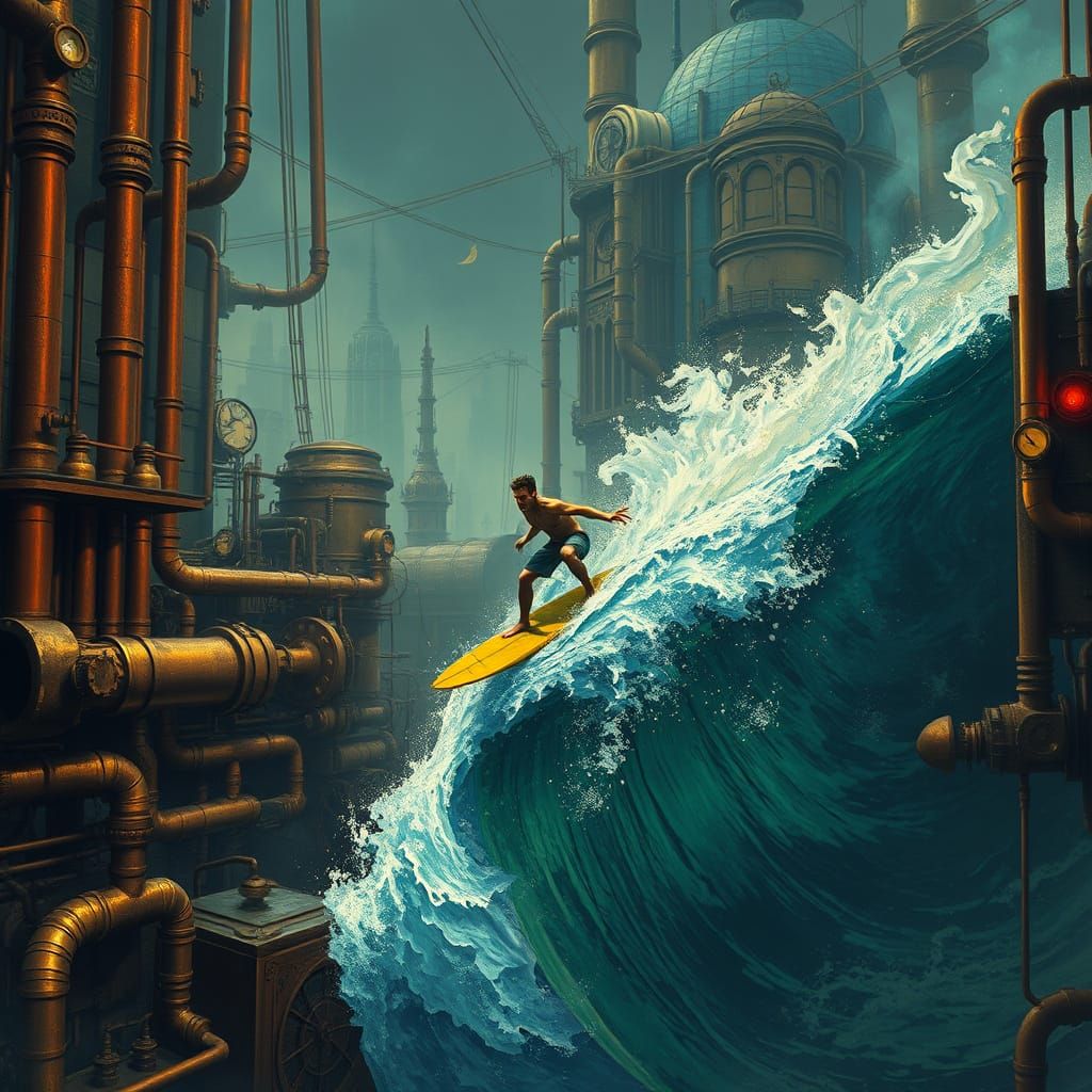 Surfer Rides Ancient Dieselpunk Wave