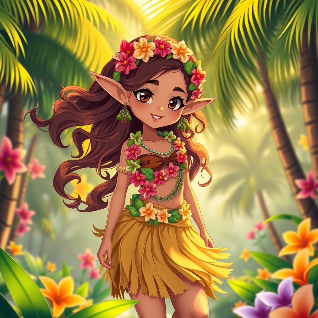 Majestic Hawaiian Elf Girl in Vibrant, Flat Manga Style