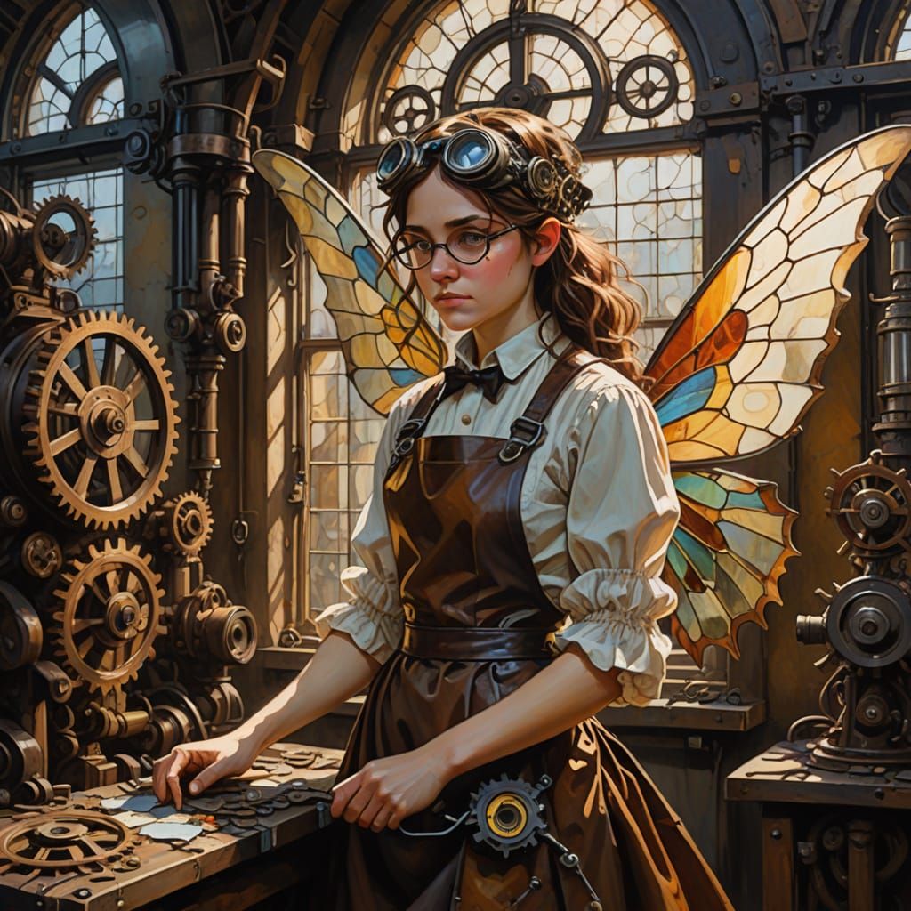 Steampunk Fairy Tinkering in Factory as Oil Painting