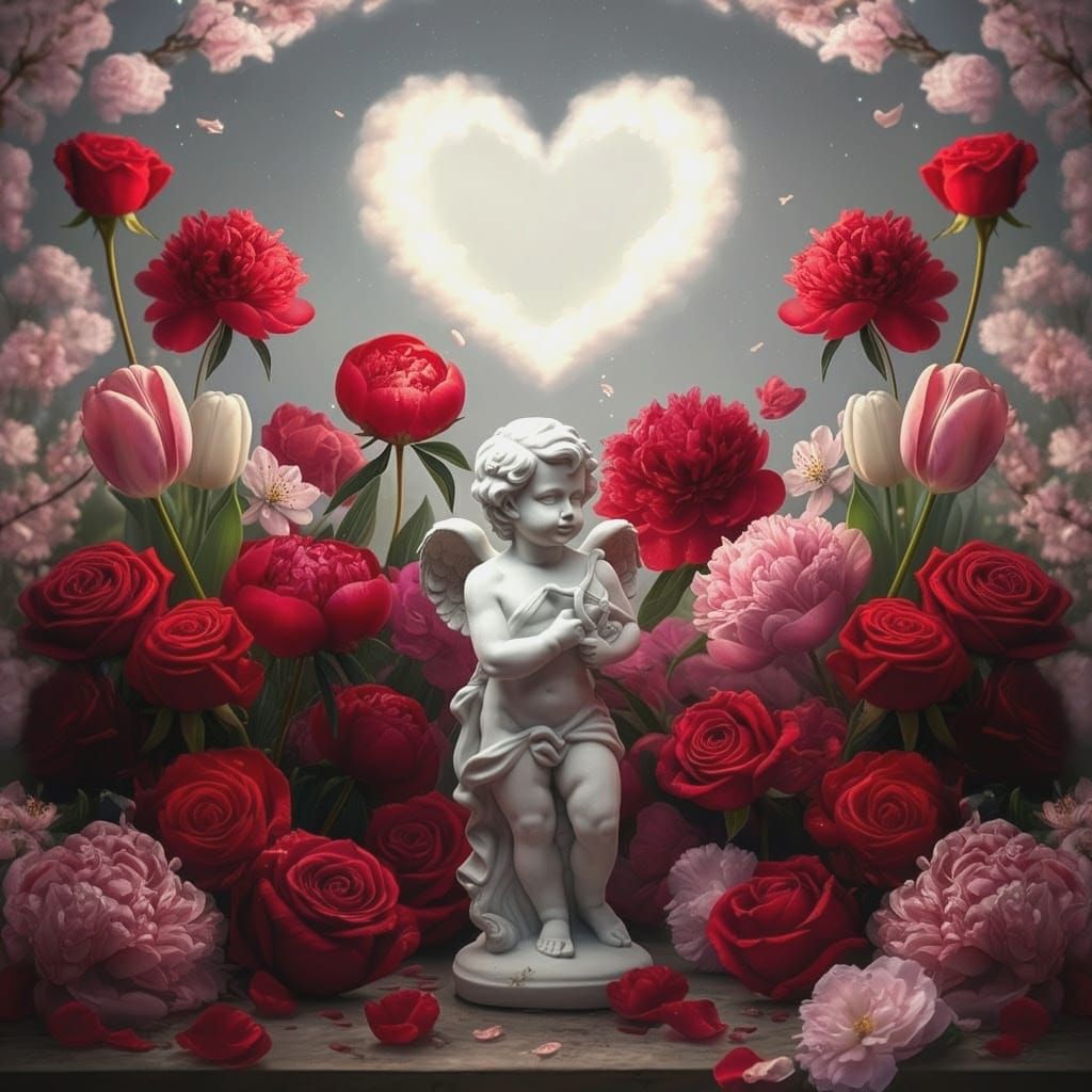 Romantic Florals with Cupid in Dreamy Moonlight