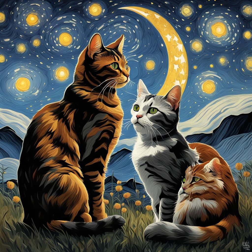 Cats Embrace Under Starry Night Sky