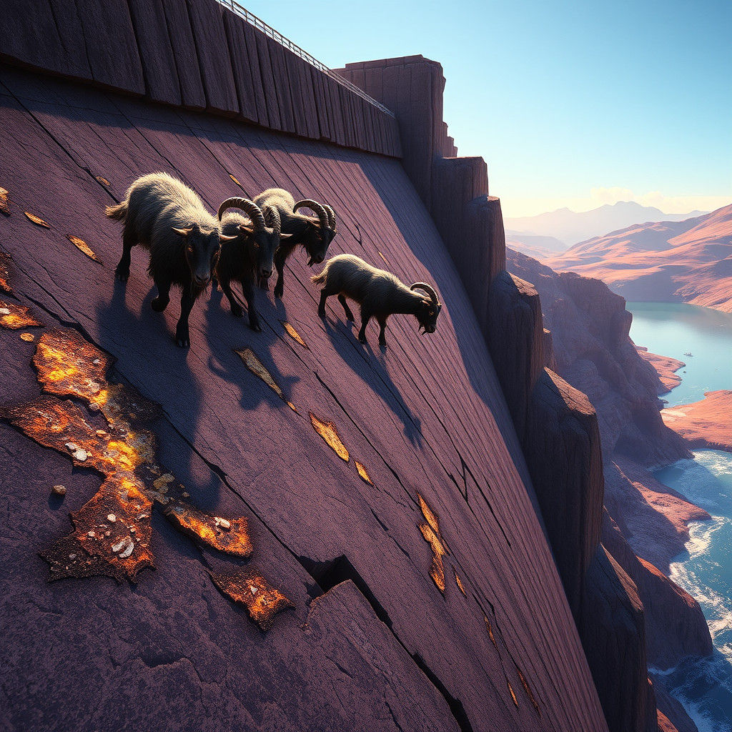 Goats Climb Rugged Dam Seeking Minerals