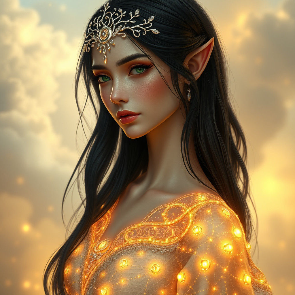 Enchanting Elvish Woman in Gown of Starlight