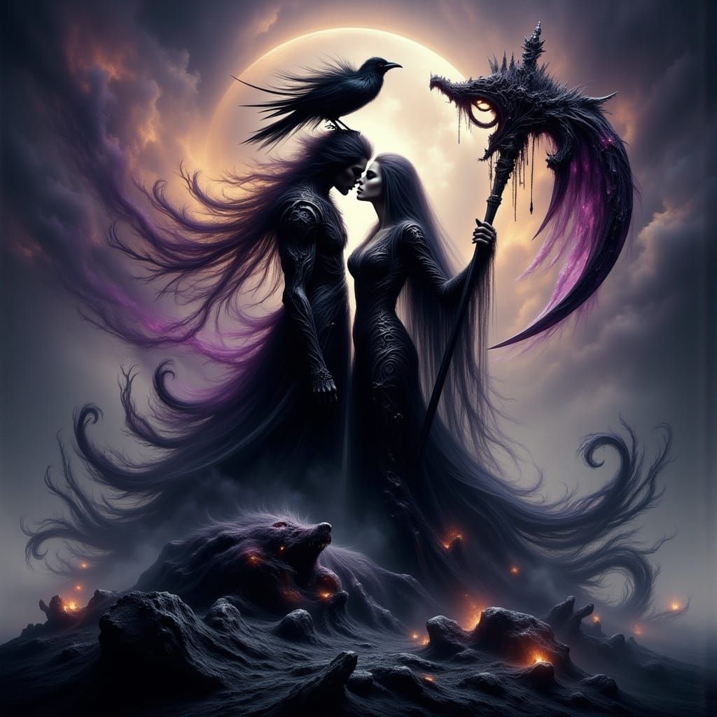 Dark Fantasy Portrait of Forbidden Love on a War-Torn Battle...