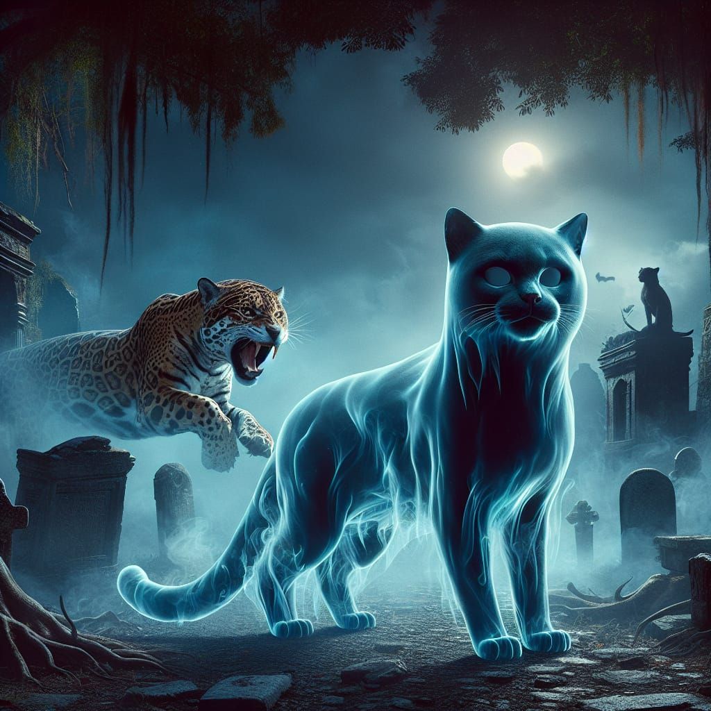 Eerie Specter Cat Confronts Jaguar in Graveyard