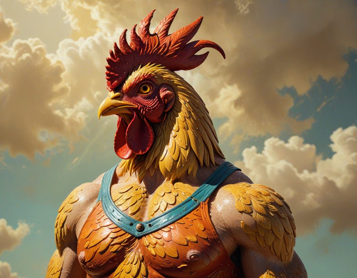 Vibrant Pop-Surrealist Rooster in 1800's Bathing Suit