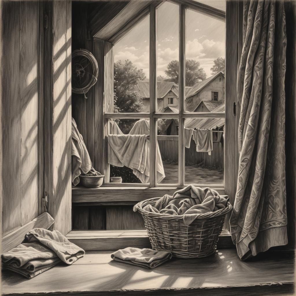 Angel Peers Through Window: Charcoal Drawing