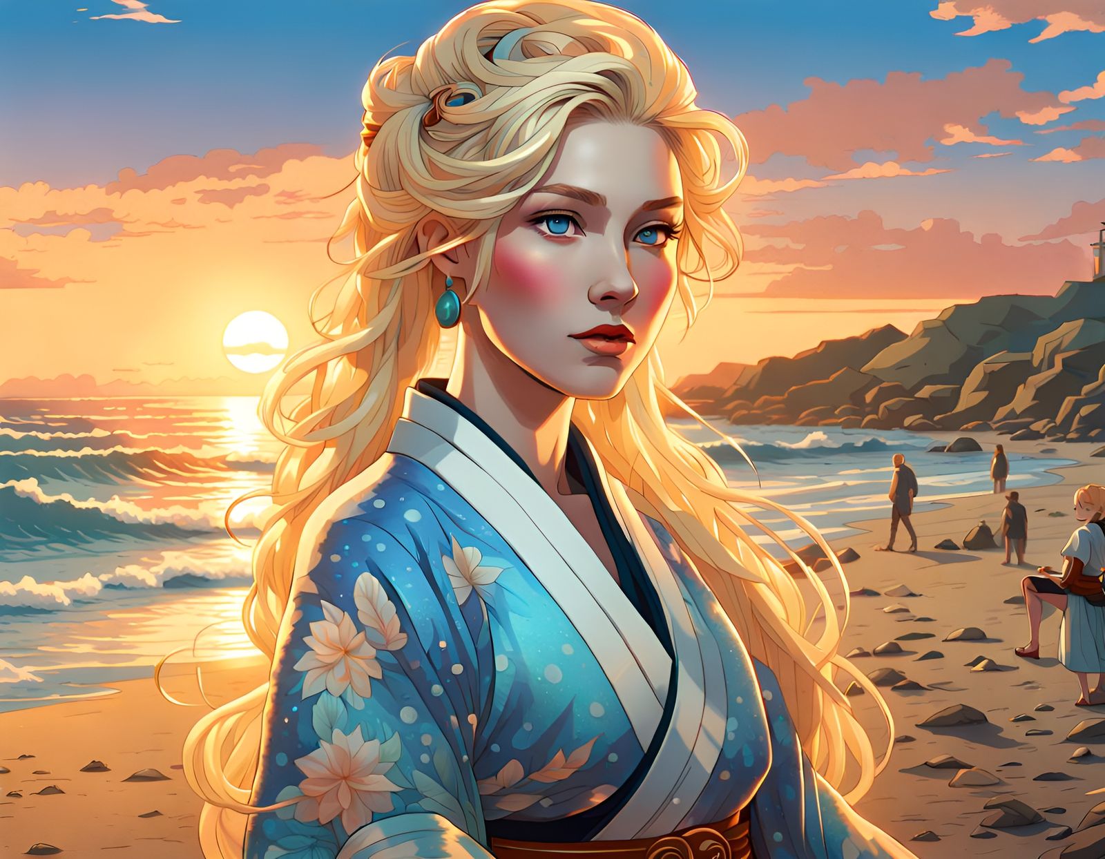 Ukiyo-e Blond Beauty at Sunset on Route 66