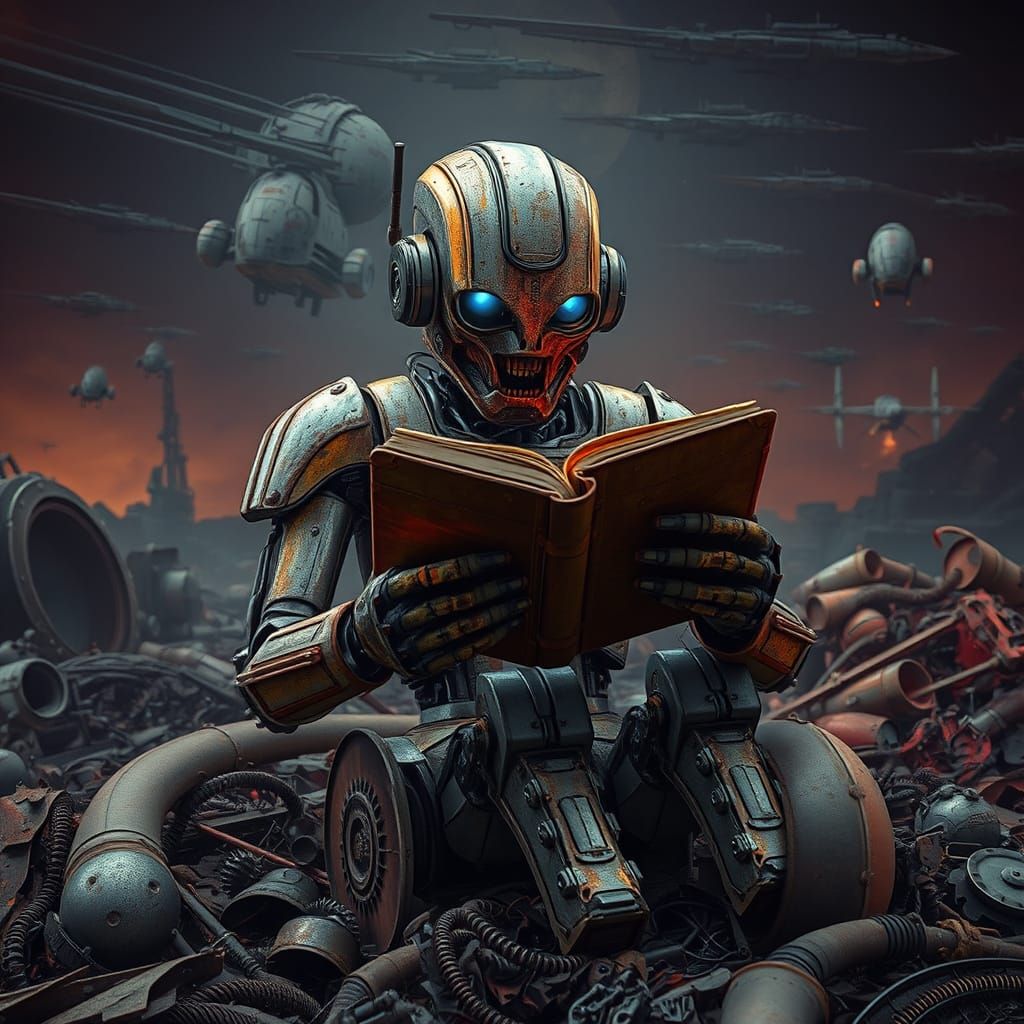 Weathered Robot in Gritty Junkyard Landscape