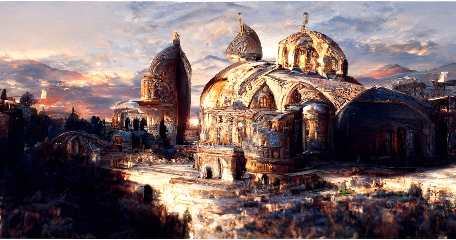 Hyperrealistic Temple at Sunset by Caspar David Friedrich