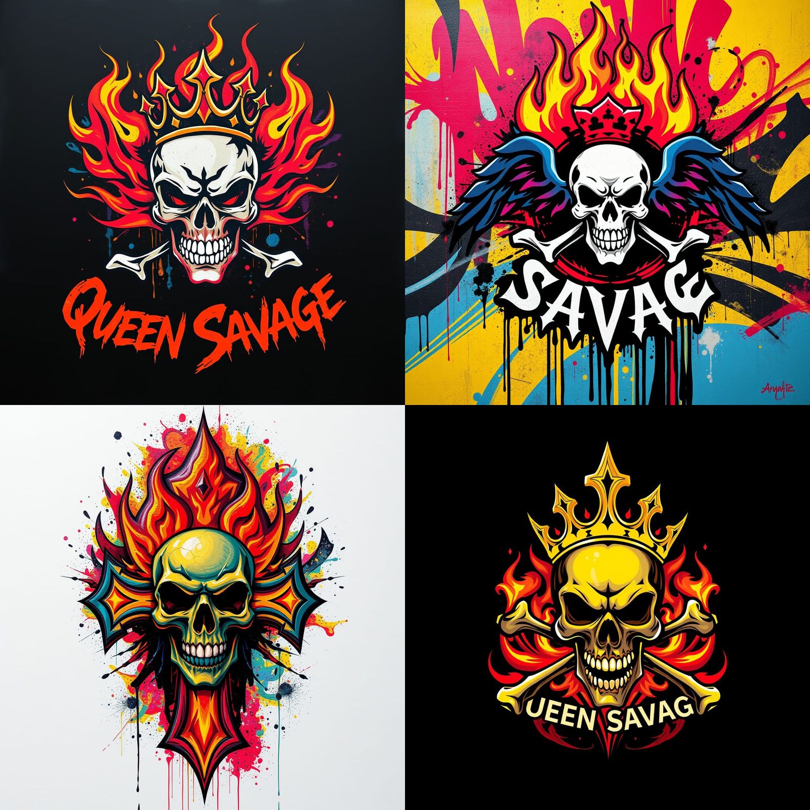 Queen Savage Logo with Skull and Flames in Graffiti Art