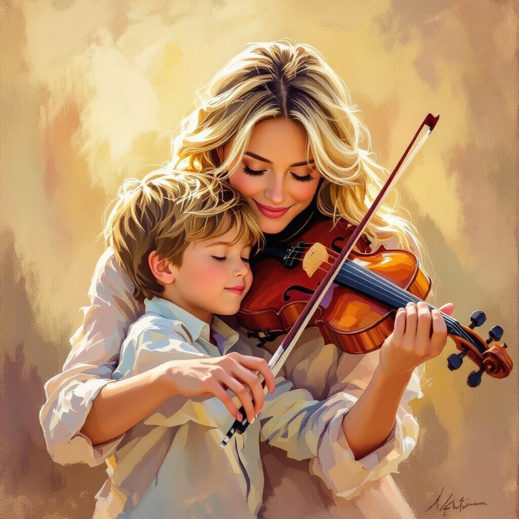 Blonde Mother Hugs Son While Playing Violin