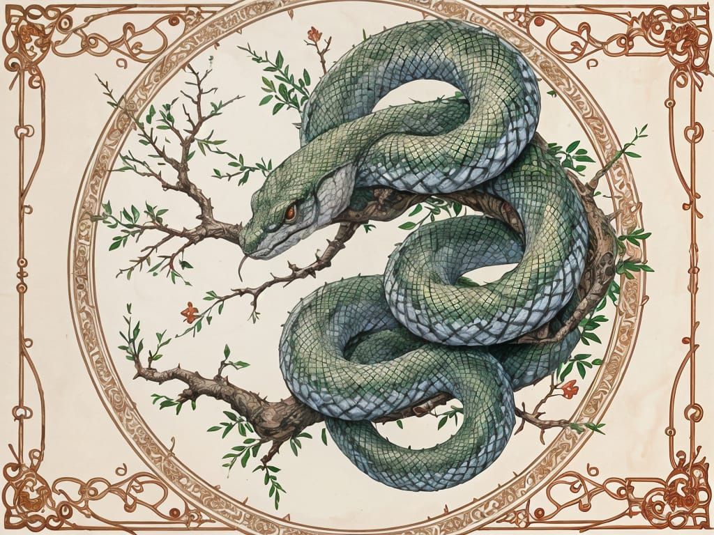 Enchanted Wood Snake in Whimsical Watercolor Frame