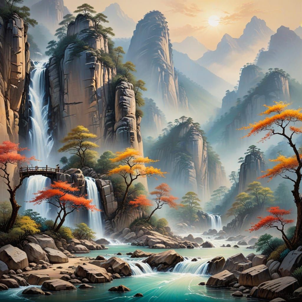 Vibrant Chinese Silk Painting of Mountains with Waterfalls
