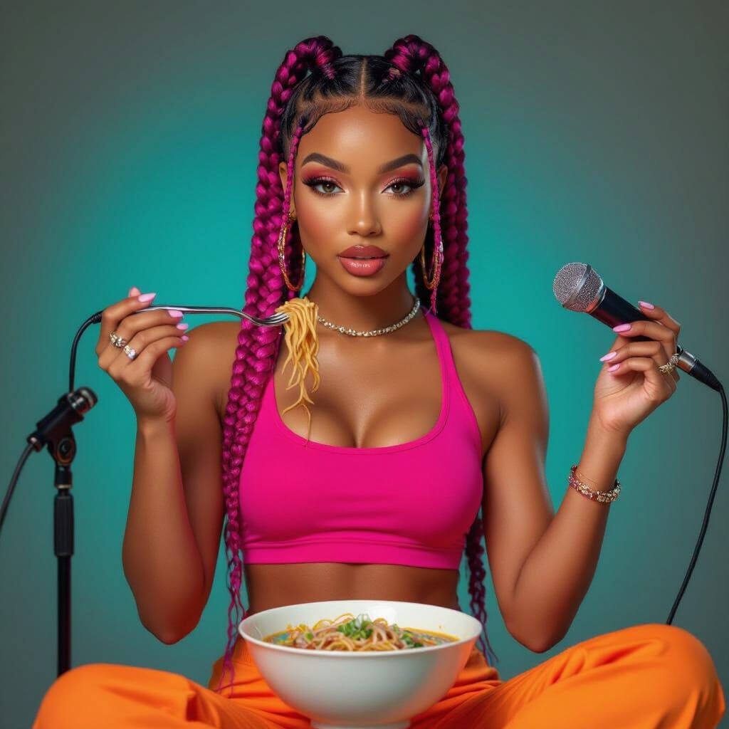 Talia Tate ASMR Influencer Eating Ramen in Fuchsia Top