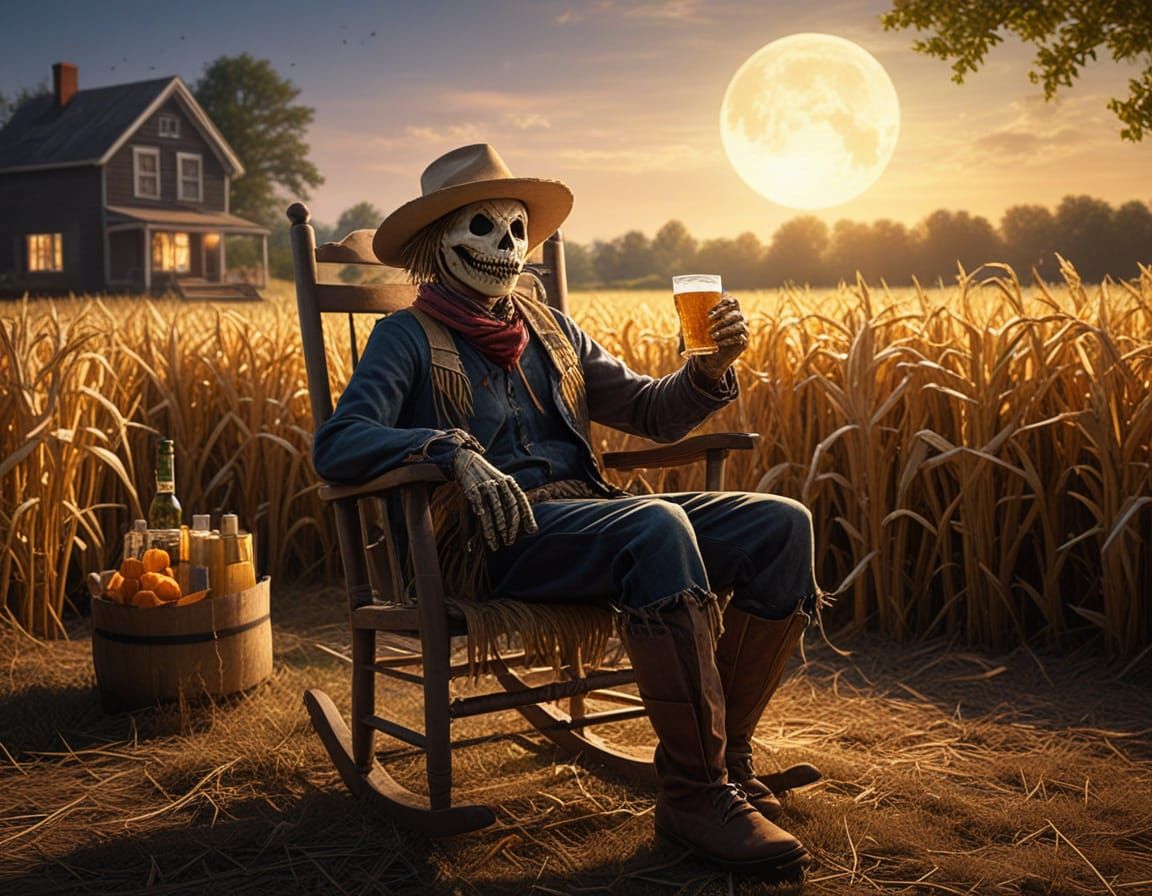 Hyperrealistic Scarecrow Relaxing with Beer in Cornfield
