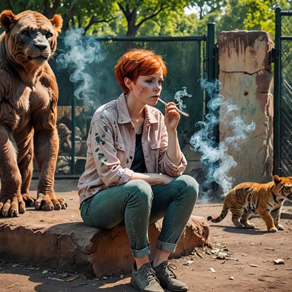 Redhead Girl Smoking at the Zoo, Crayon Horror