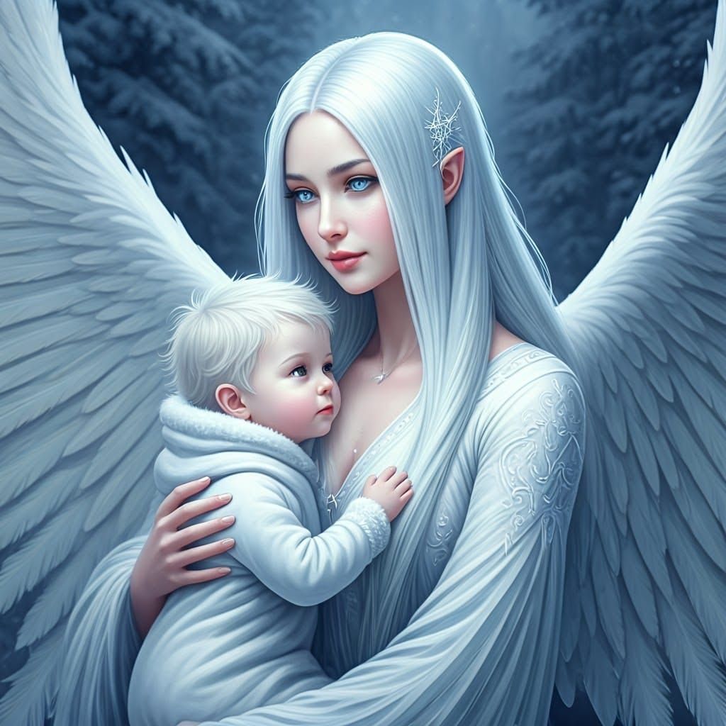 Winter Angel's Tender Moment with Her Son in Enchanted Fores...