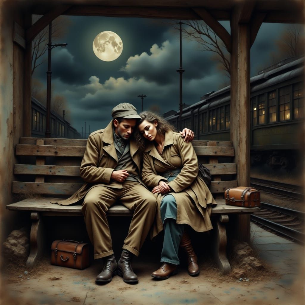 Exhausted Travelers Wait for Train in Antique Watercolor Sty...