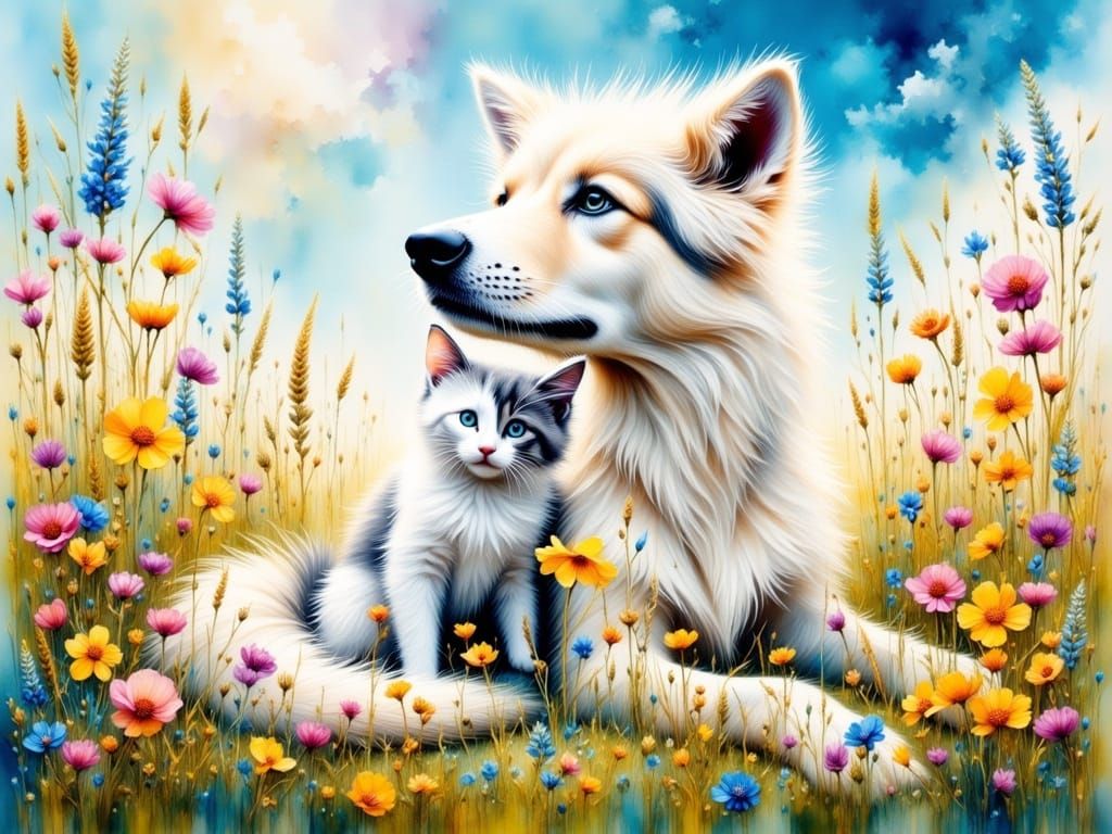 Irish Wolfhound and Cat in Floral Meadow Watercolor