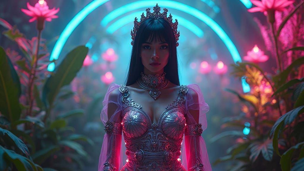 Burmese Princess in Neon Cyberpunk Garden, 8K