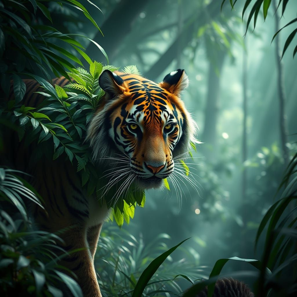 Tiger with Tribal Patterns in Rainforest