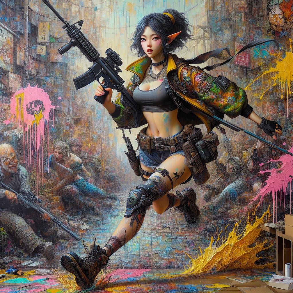 Cyberpunk Elf Escape in Post-Apocalyptic Cityscape