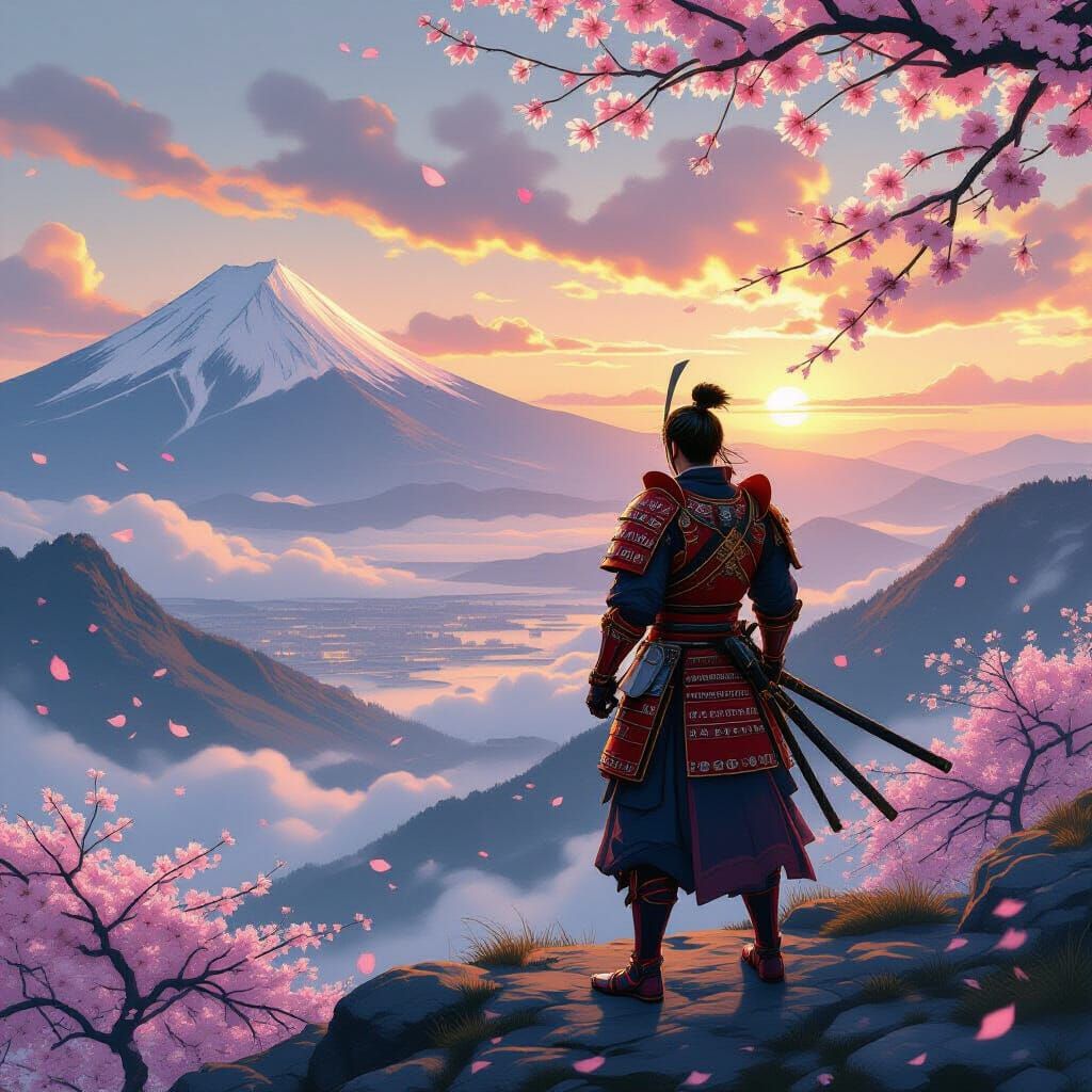 Samurai Contemplating Dawn Over Misty Mountains