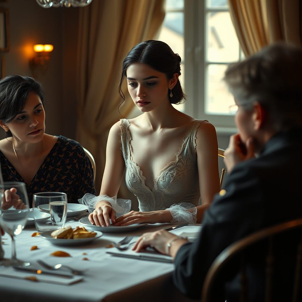 Poignant Dinner Scene: Woman Dissolving into Dust