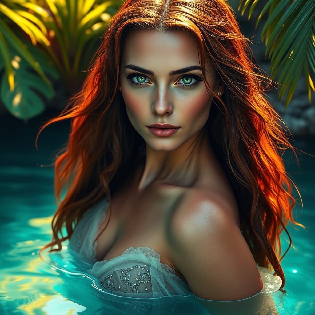 Stunning Woman Emerges from Lagoon in Photorealistic Style