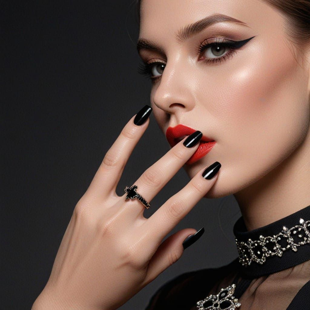 Luxurious Black Acrylic Nails with Red French Tip and Jewel-...