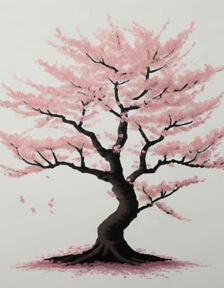 Minimalist Minhwa Painting of Cherry Blossom Tree