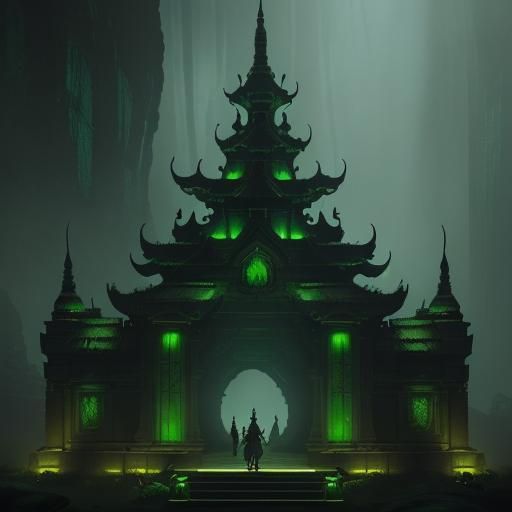 Green Lit Temple Entrance with Adventurers
