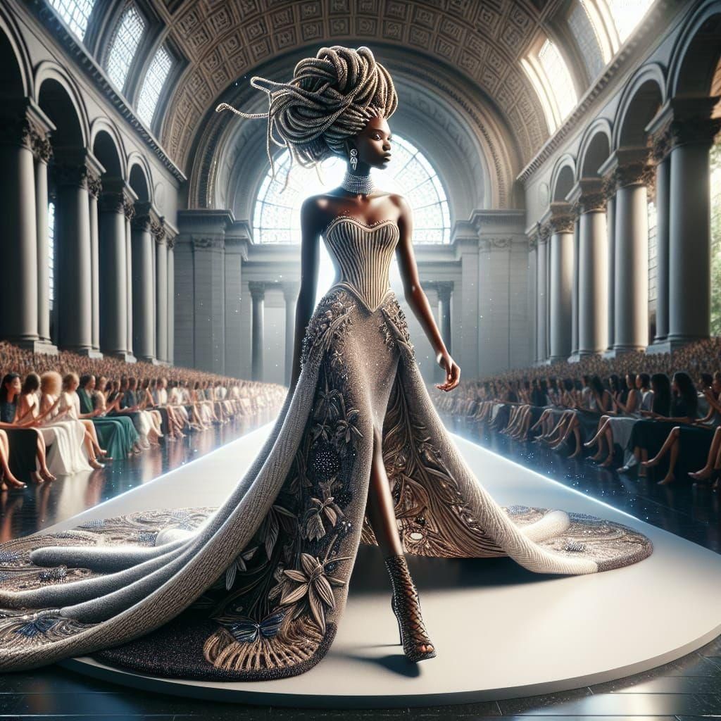 African American Woman Struts Runway in Couture Gown