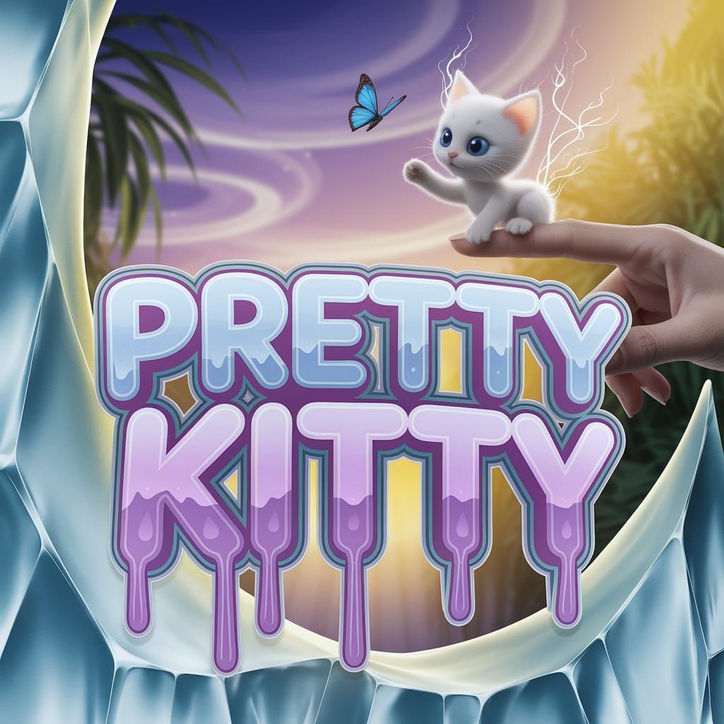 A 3D large, whimsical comic-style logo saying "Pretty Kitty" in shades of ice pink, melting dramatically in ice, showcas...
