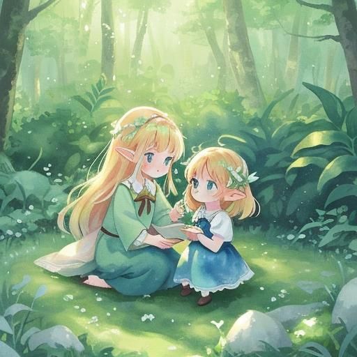 Cute Elf in Forest, Dreamy Watercolor Illustration