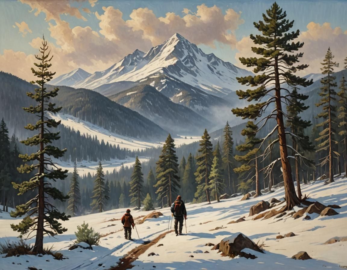 Winter Landscape with Father and Son, Impressionist Style