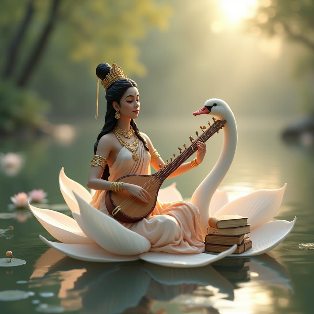 Goddess Saraswati on Lotus in River, 3D Render