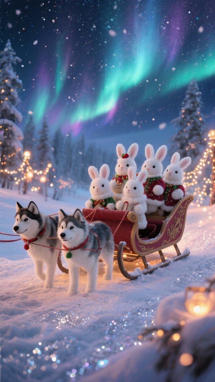 Cute Christmas Bunnies Ride Husky Sleigh Under Northern Ligh...