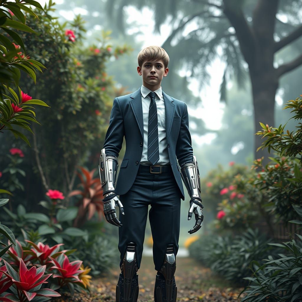 Cyborg Schoolboy in a Futuristic Garden
