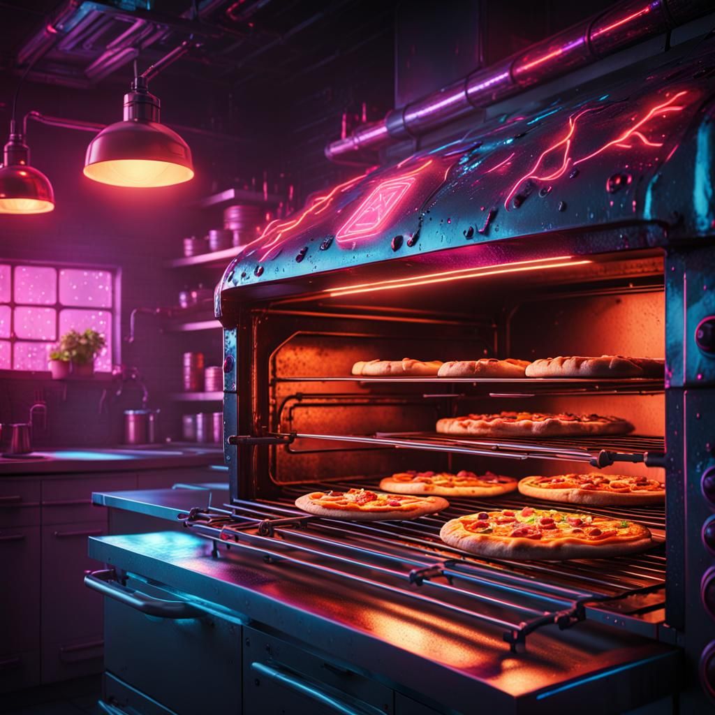 Cyberpunk Pizza Oven in High-Tech Kitchen