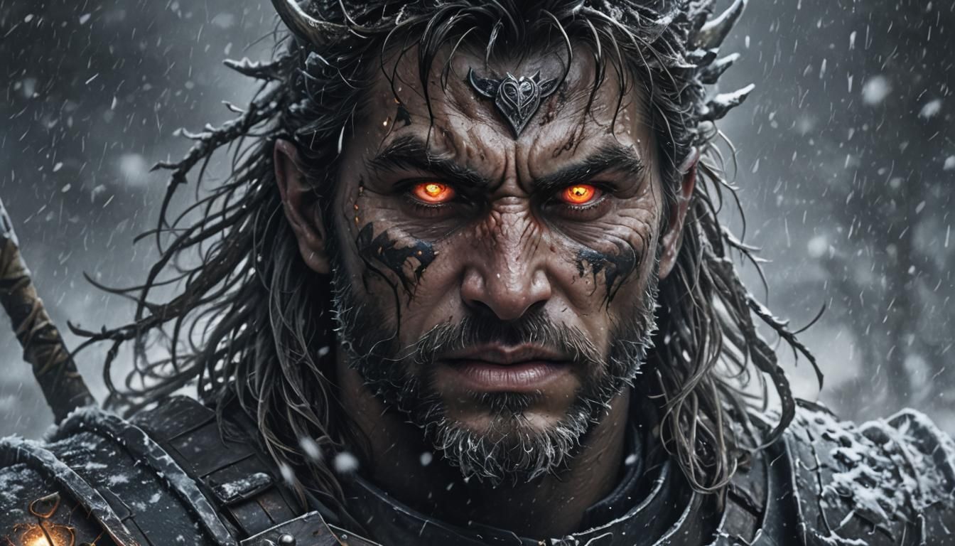 Eerie Warrior Face with Glowing Eyes in the Dark