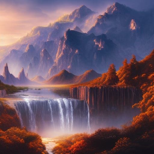 Golden Waterfall in Mountain Landscape: Digital Matte Painti...