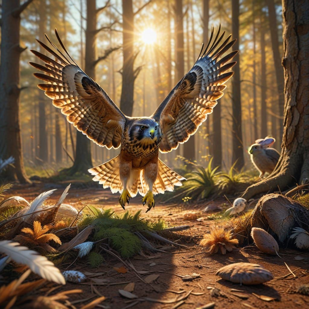 A hawk flying along trying to catch a bunny rabbit