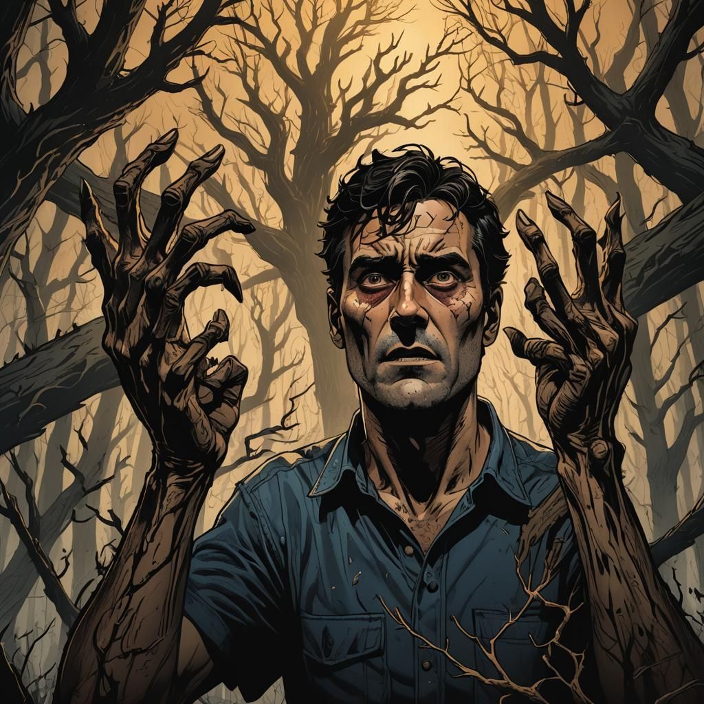 Ash Williams in Haunted Forest: Dark Fantasy Illustration