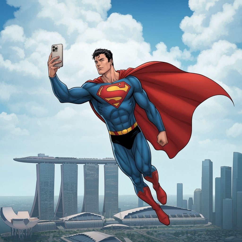 Superman Takes Selfie Above Marina Bay Sands in Comic Style
