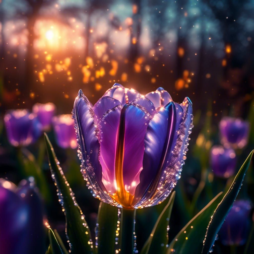 Glowing Crystal Tulip with Fireflies in Fantasy Style