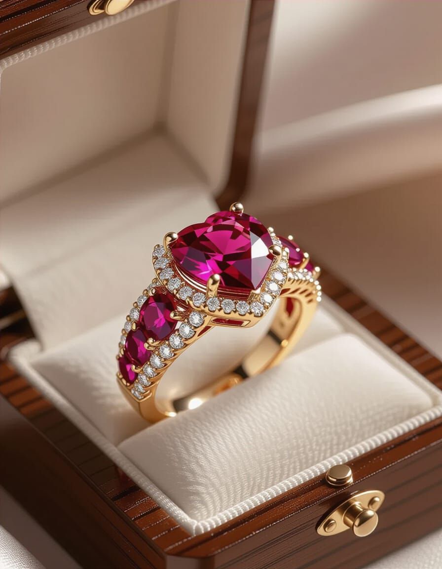 Regal Ruby Heart Wedding Ring in 3D Style