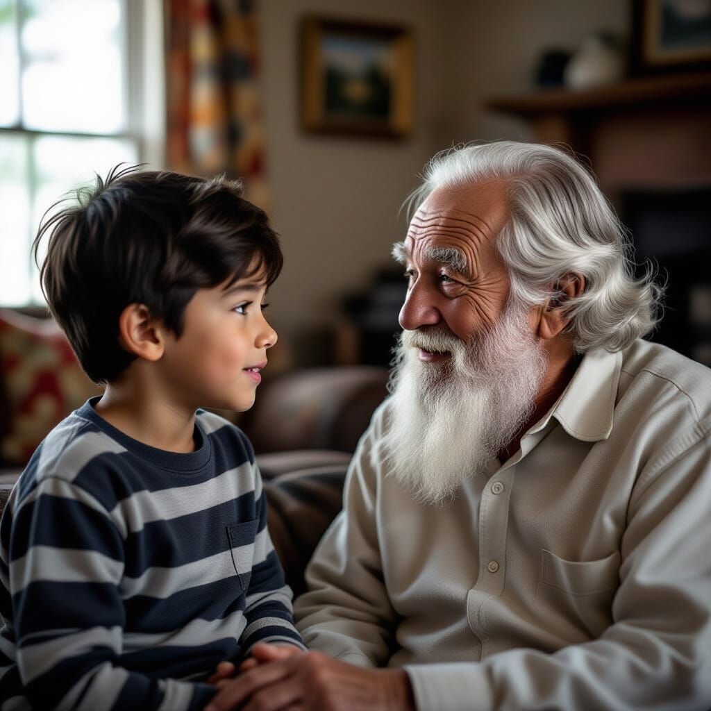 Realistic Portrait of a Boy Talking to His Grandpa