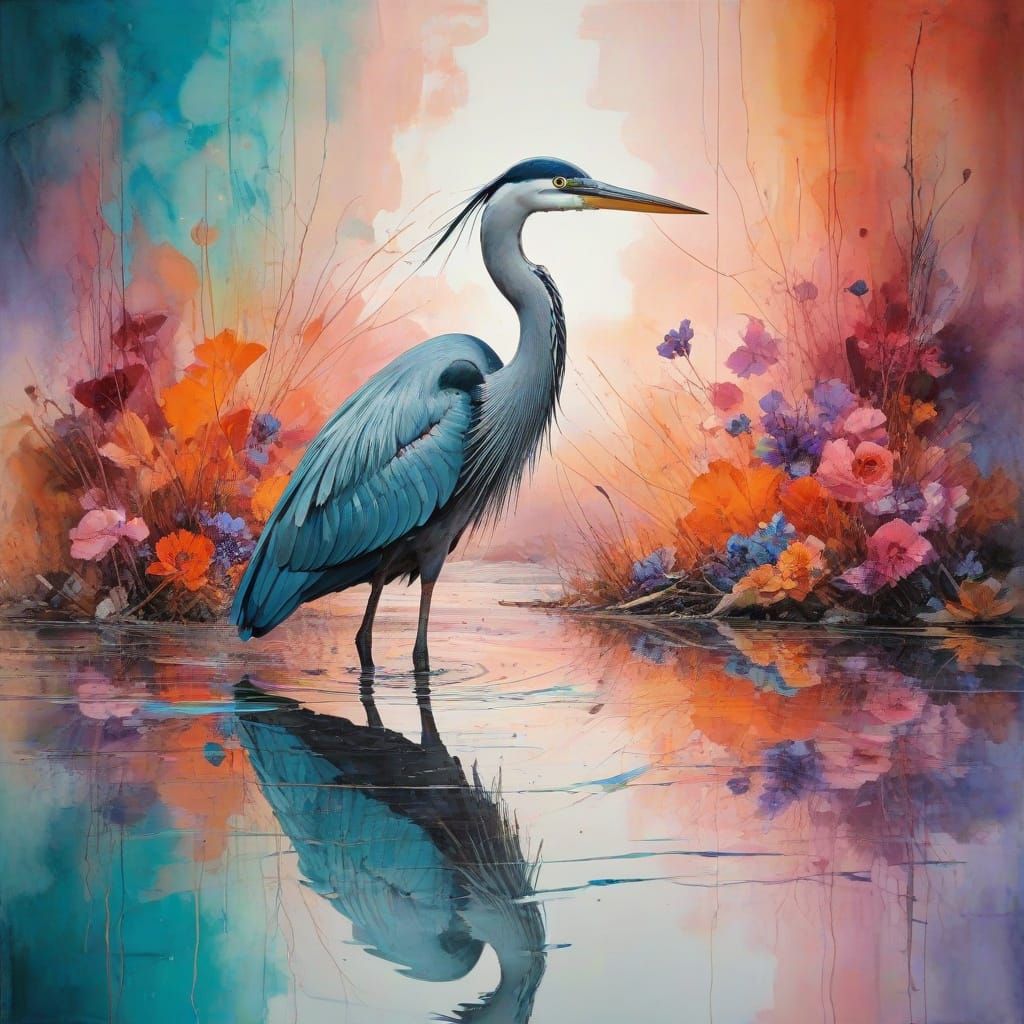 Vibrant Swan in Iridescent Waters, Dynamic Mixed Media Art